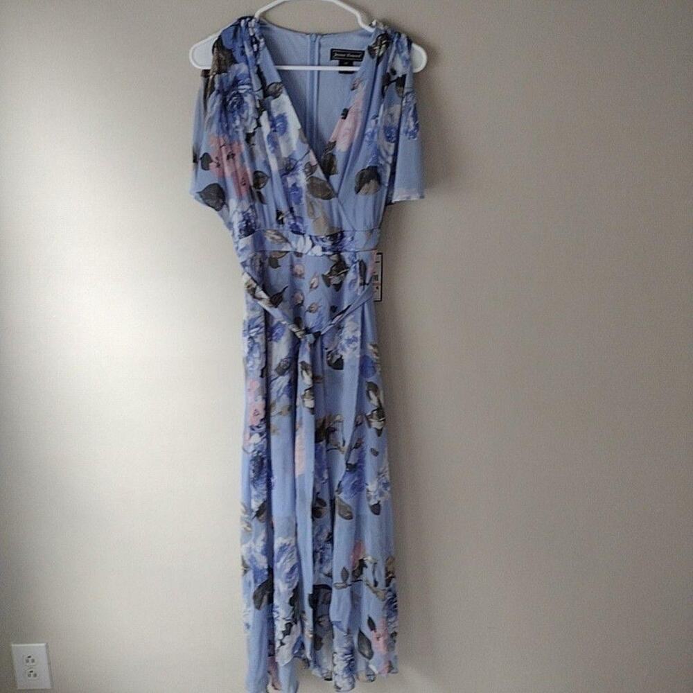 Jessica Howard Dress Womens 10P Blue Floral Chiffon Hi Low Wrap Maxi Belted